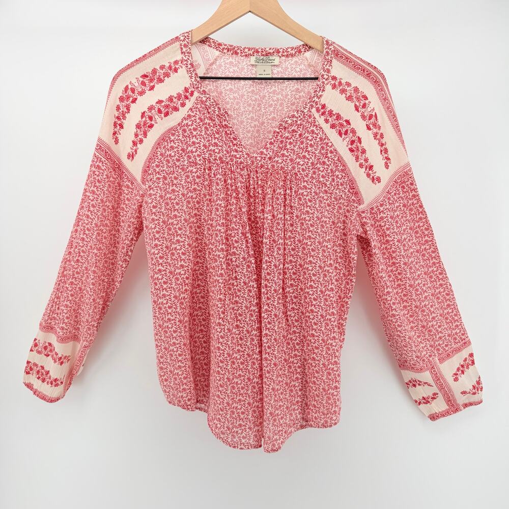 Lucky Brand Red Floral Boho Peasant Blouse Size S Indie Cottage Festival Folk